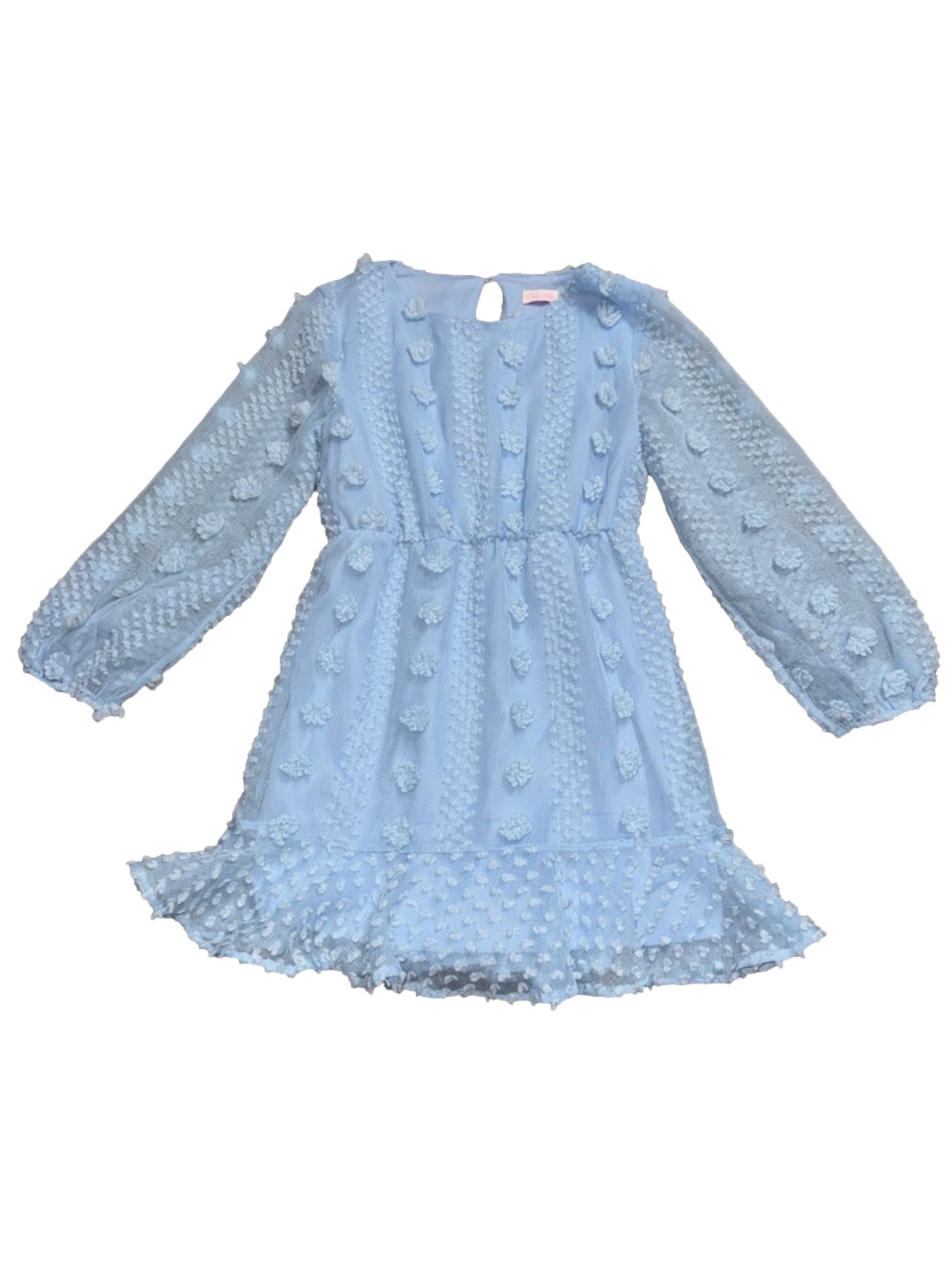 Pink Lily Swiss Dot Pom Pom Dress Light Blue Long Sleeve Boho Mini SIZE M